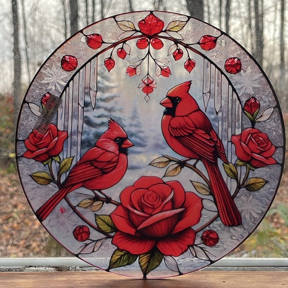Suncatcher Acrylic Red Rose Cardinal Bird Decorative Gift Home Cottage Decor - Picture 3 of 3